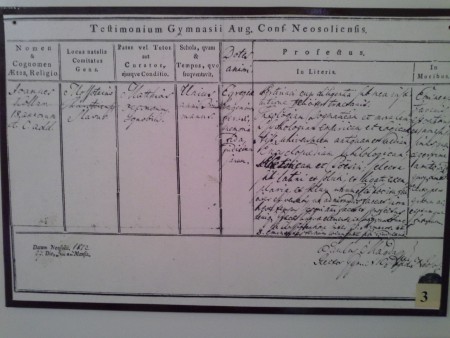 Vysvedčenie Jána Kollára z gymnázia v Banskej Bystrici